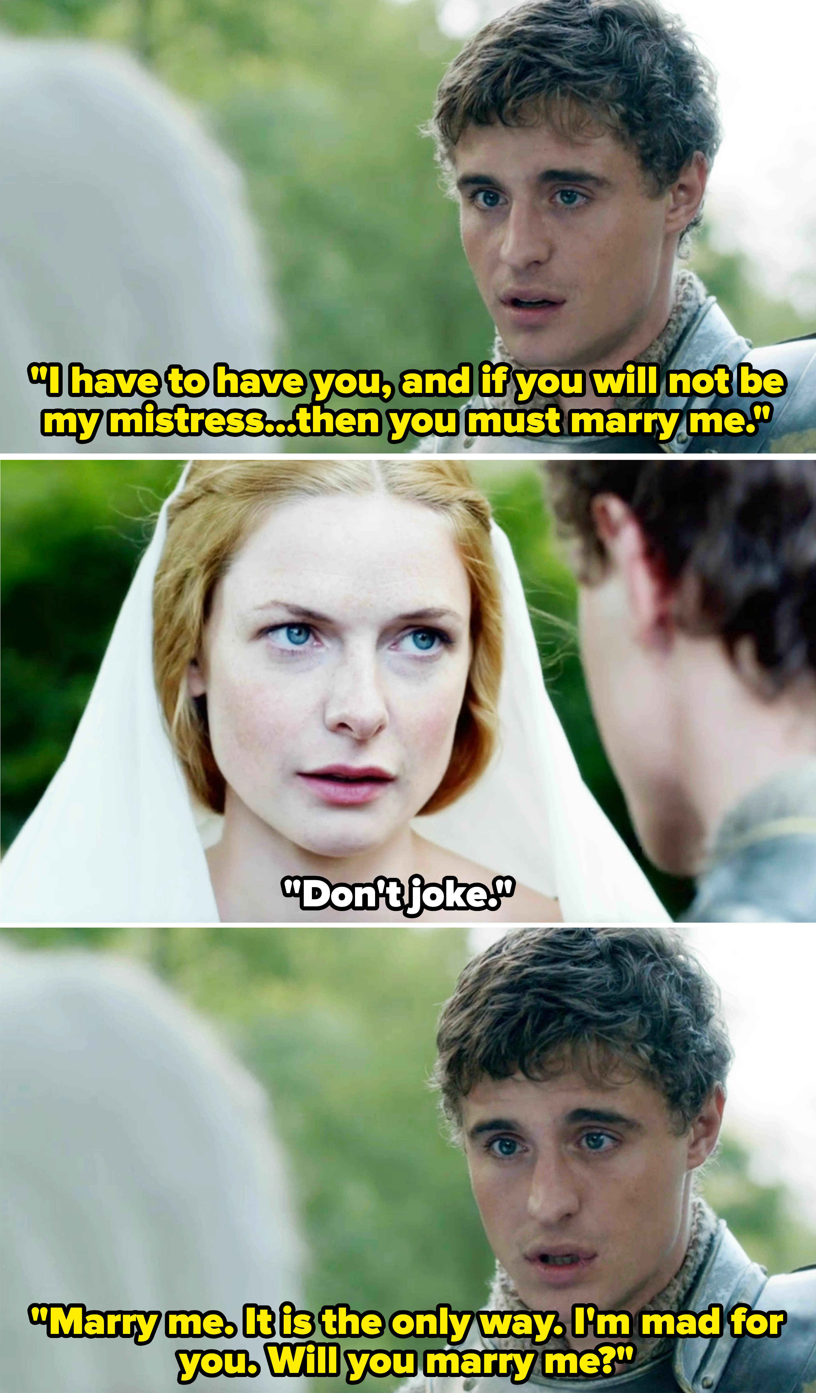 Image of Max Irons and Rebecca Ferguson in a medieval setting, wearing period costumes, engaged in an intense conversation