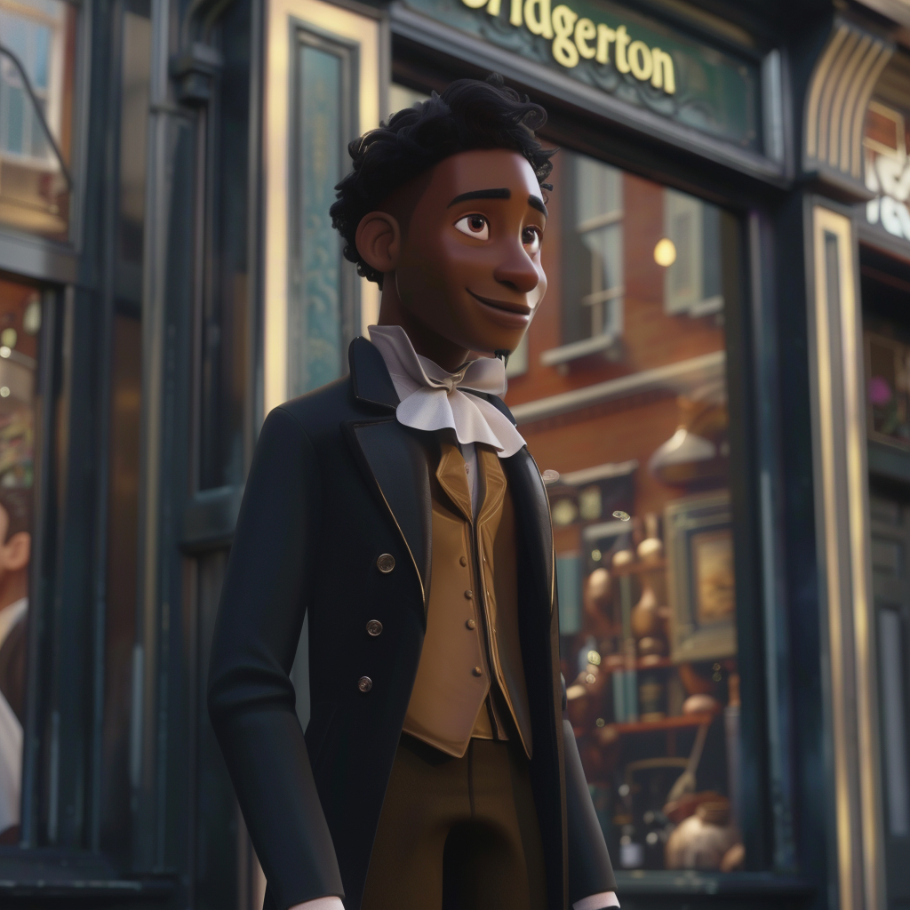John Stirling from "Bridgerton" in Pixar style standing outside a shop with "Bridgerton" sign, wearing a formal jacket and cravat