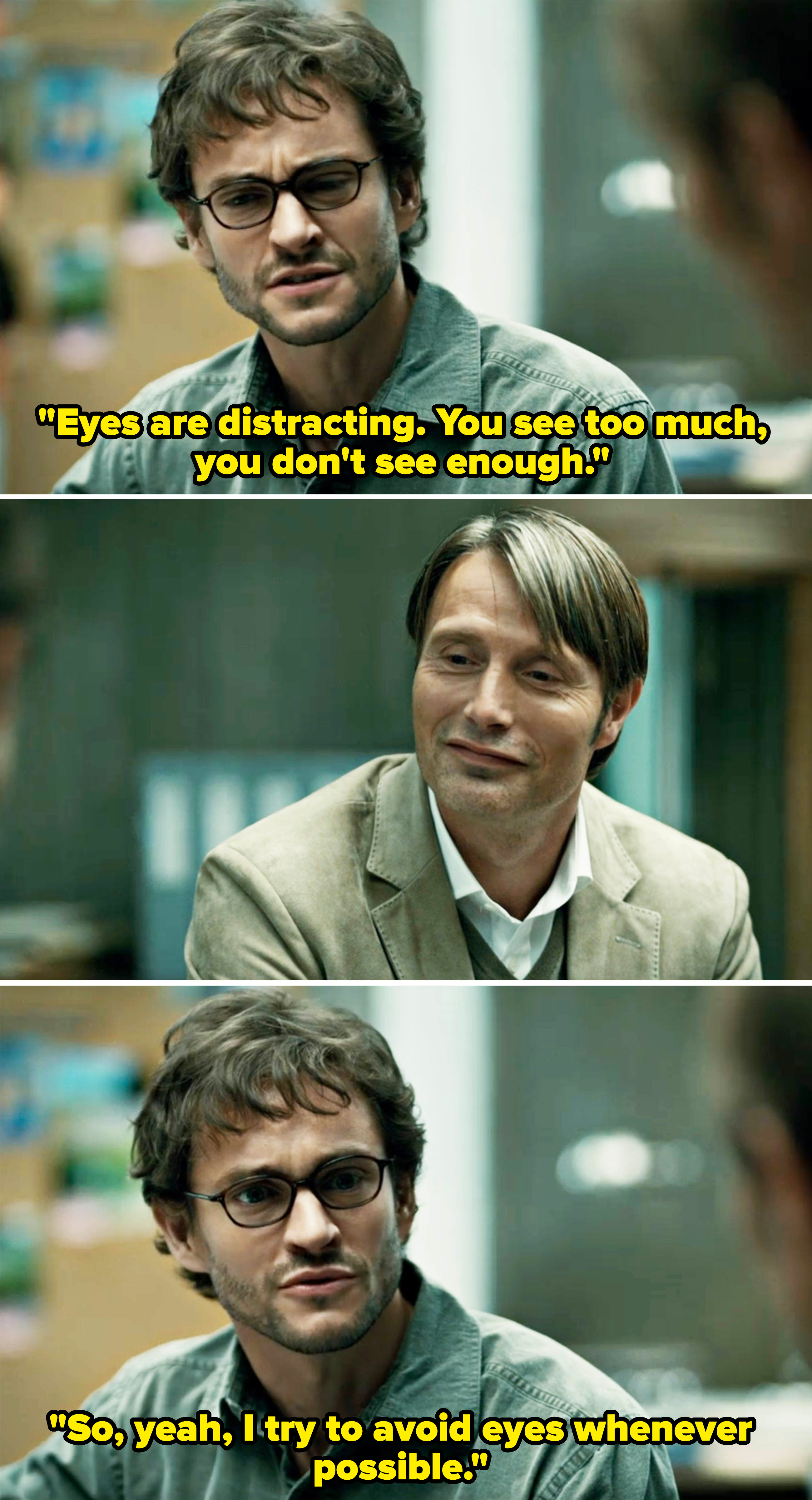 Hugh Dancy and Mads Mikkelsen in a three-panel shot from a scene in the TV series "Hannibal." Dancy is in casual attire; Mikkelsen wears a blazer