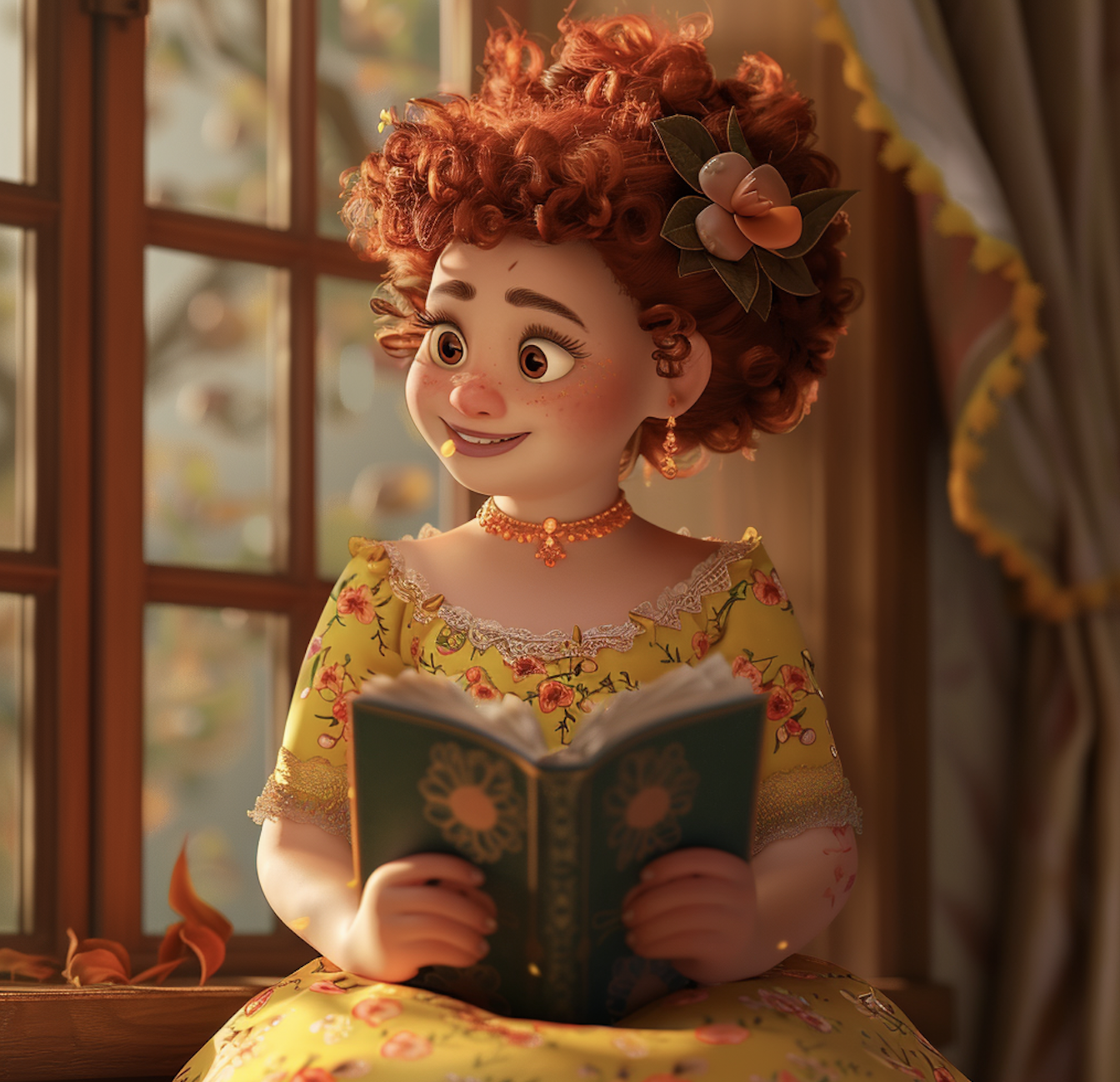 Penelope Featherington in Pixar style sitting by a window, reading a book. She has curly hair adorned with a flower, wearing a floral dress with lace details
