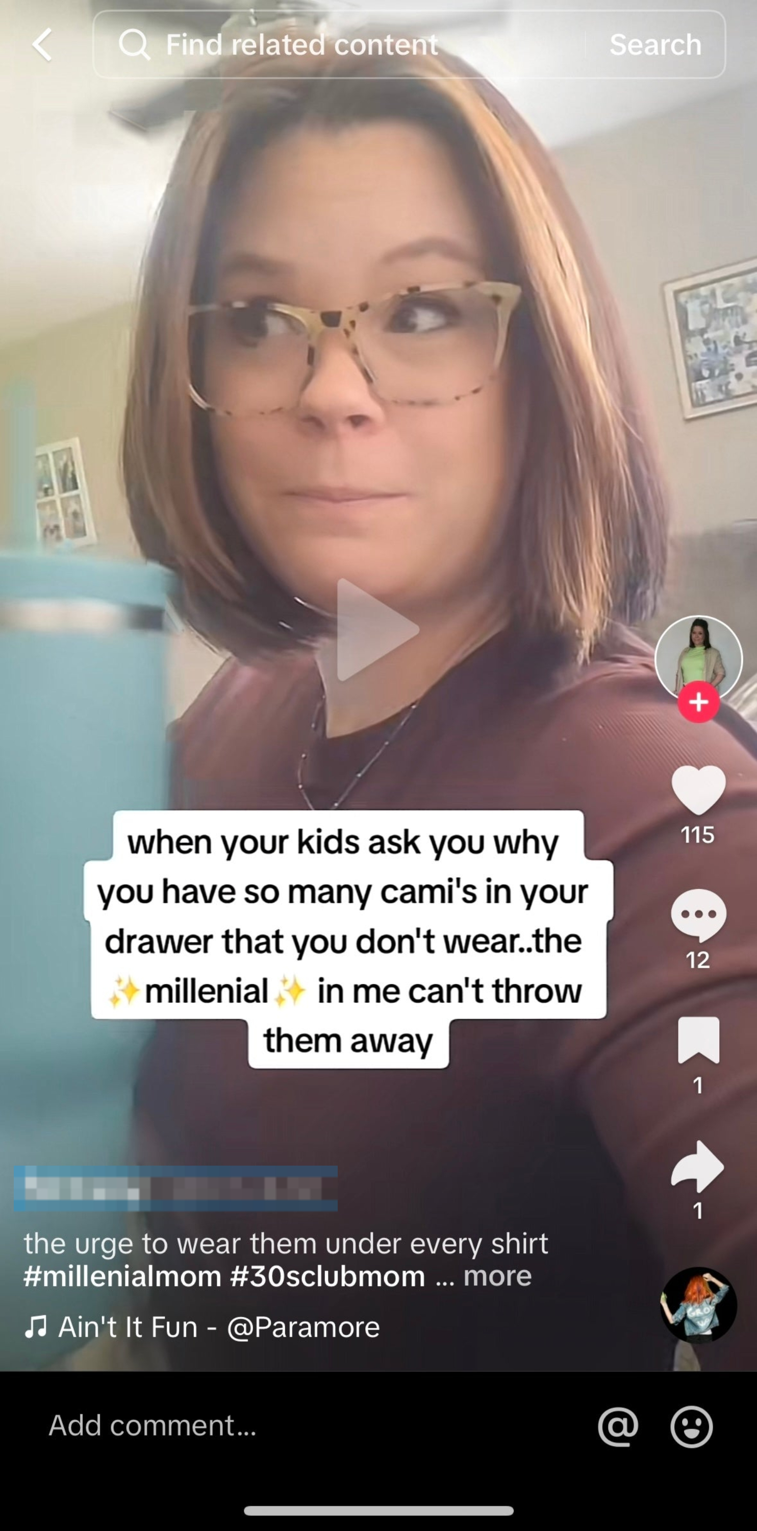 A woman named Brittany is making a TikTok video. The overlay text reads, "when your kids ask you why you have so many cami's in your drawer that you don't wear..the ✨millennial✨ in me can't throw them away."