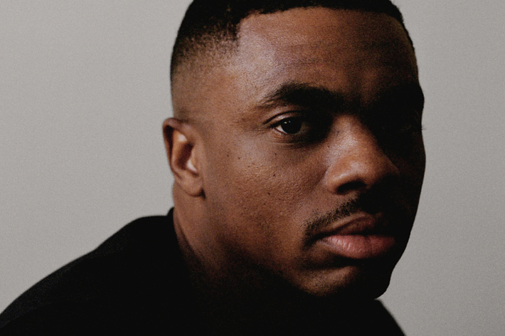Portrait of the musician Vince Staples, looking into the camera with a serious expression