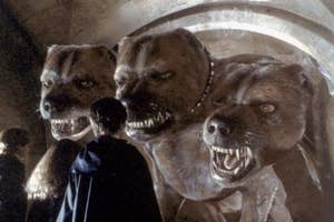 Characters Harry Potter, Ron Weasley, and Hermione Granger face a giant, three-headed dog named Fluffy inside a stone corridor