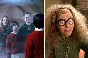 Left: Harry Potter looking at his parents, James and Lily Potter, in the Mirror of Erised. Right: Professor Trelawney in her classroom