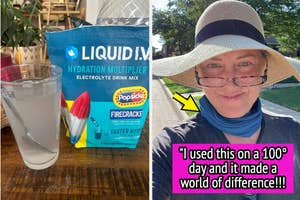 Product image of Liquid I.V. Hydration Multiplier beside a glass of water. On the right, a hat-wearing person is smiling outdoors with text: "I used this on a 100° day and it made a world of difference!!!"