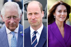 King Charles III, Prince William, and Kate Middleton are pictured. King Charles III wears a pinstripe suit, Prince William a suit and tie, and Kate a blazer