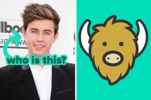 Nash Grier is on the left in a suit, with a graphic of the Yik Yak logo on the right and a green arrow pointing from Grier to text that says "who is this?"