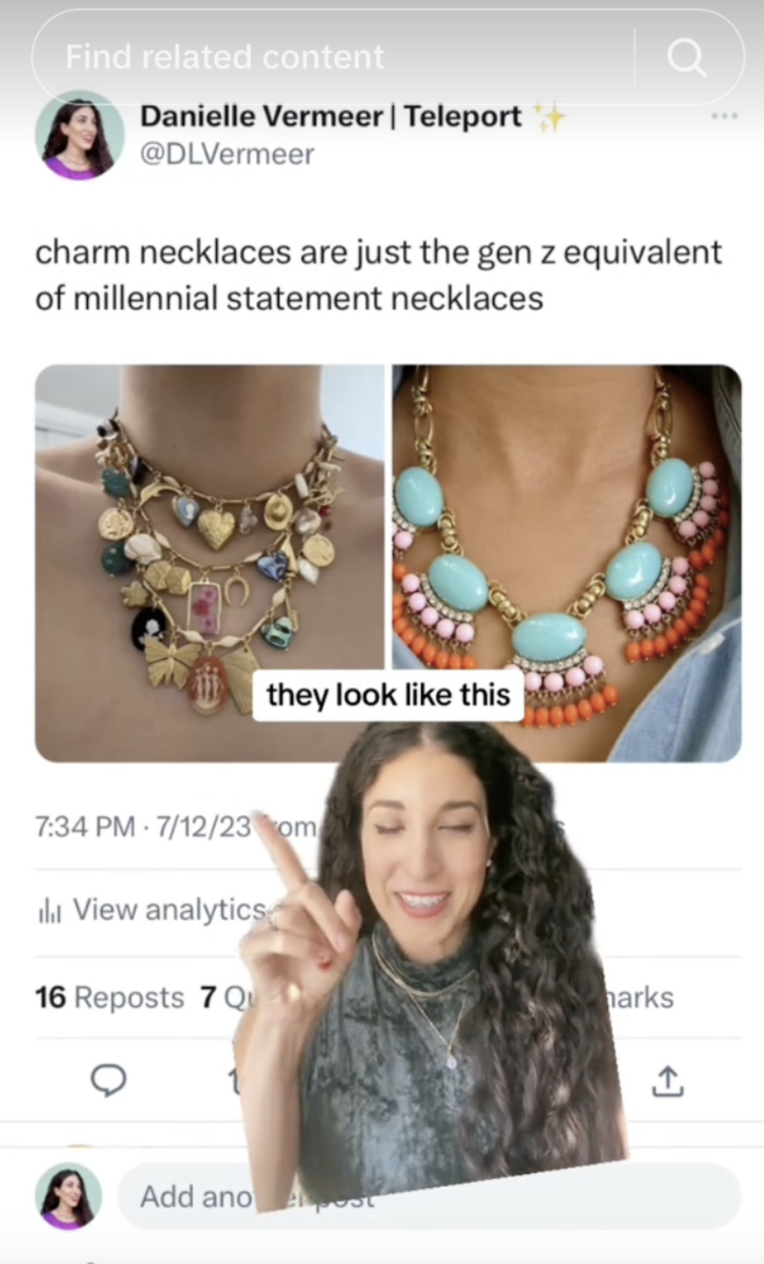 Danielle Vermeer points to a tweet about Gen Z charm necklaces, featuring images of gold charm and beaded statement necklaces