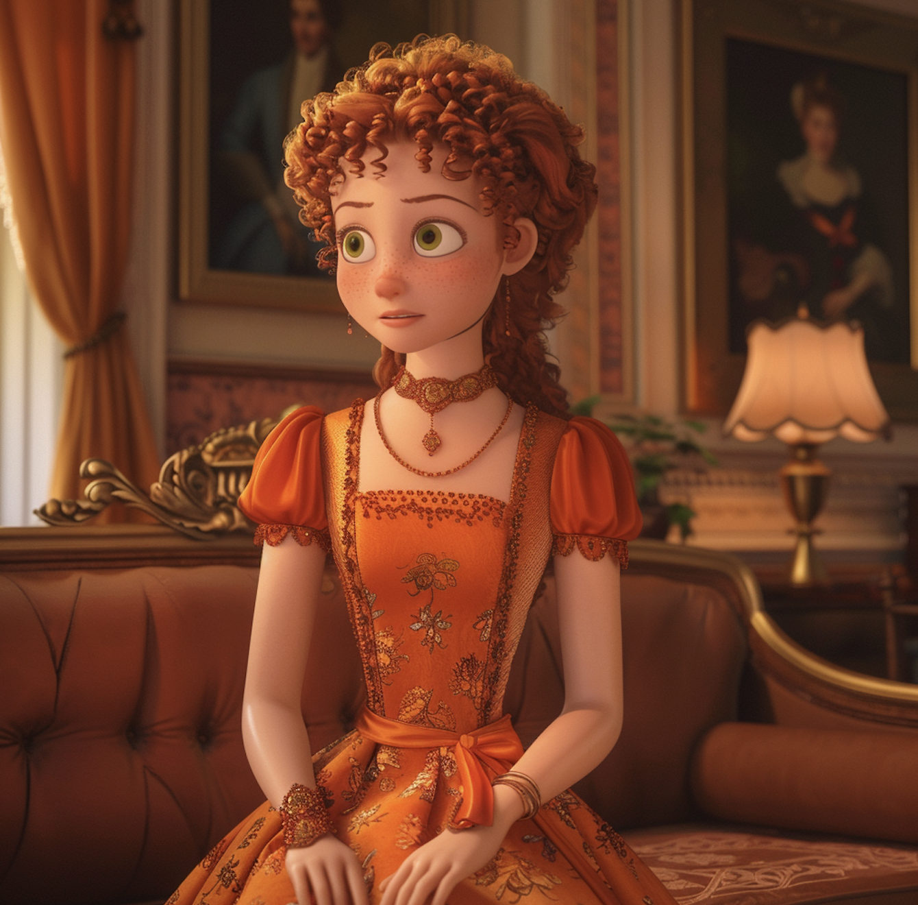 Prudence from "Bridgerton" in Pixar form sits on a sofa in a Victorian-style room, wearing an elegant, elaborate dress with puffed sleeves