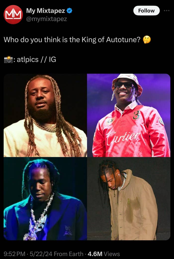 Top left: T-Pain, top right: Future, bottom left: Lil Wayne, bottom right: Travis Scott. Text asks, &quot;Who do you think is the King of Autotune?&quot;