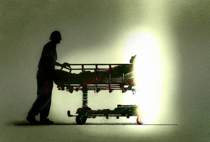 Person pushing a person on a stretcher through a bright, illuminated doorway, symbolizing transition or passage. Image categorized as Internet Finds