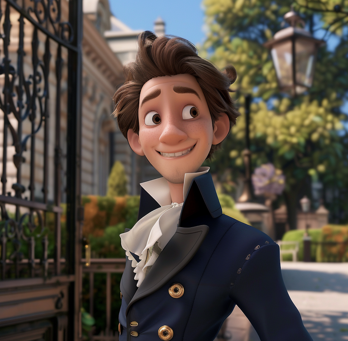 Benedict Bridgerton in Pixar style with brown hair in a formal navy suit smiling outdoors, standing near an ornate gate and vintage street lamp, with buildings and greenery in the background