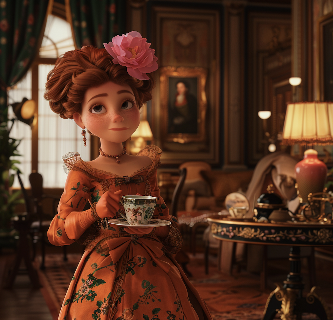 Portia from "Bridgerton" in Pixar style, styled in 19th-century fashion, holding a teacup in a lavish, antique room with elegant furnishings and artwork