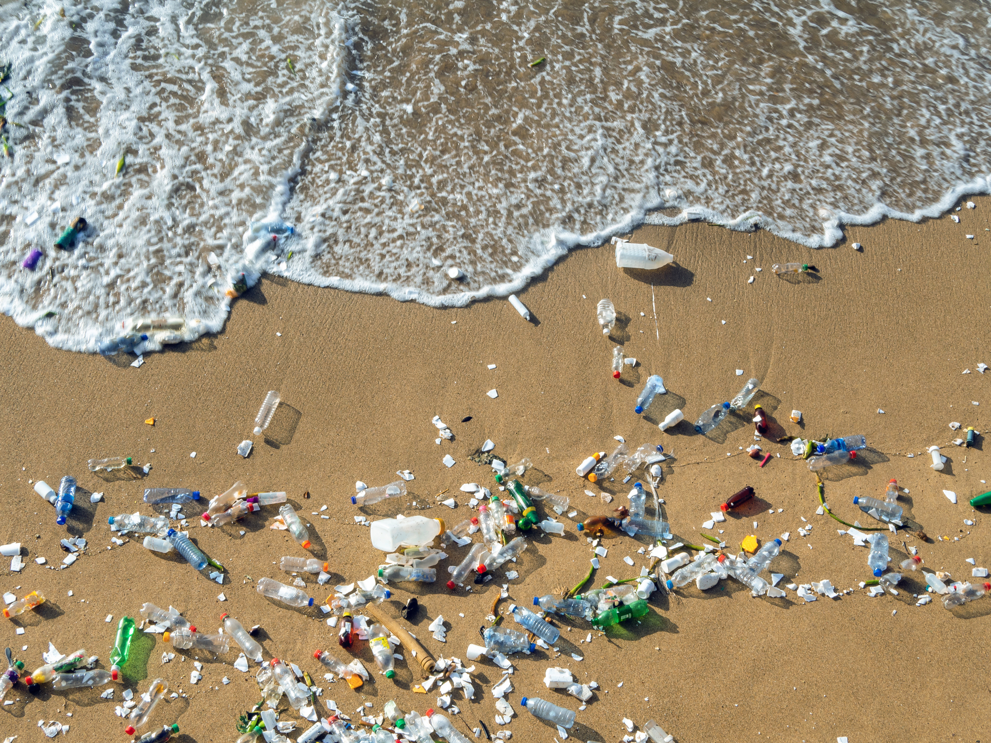 Plastflasker, beholdere og annet rusk spredt langs en sandstrand med bølger som skyller opp.  Bildet fremhever miljøforurensning