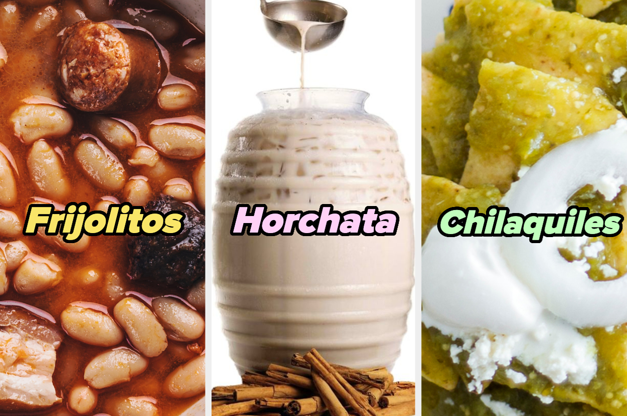 Frijoles cocidos, horchata servida en un vaso con canela y chilaquiles con crema y queso desmenuzado. Texto: "Frijolitos, Horchata, Chilaquiles"
