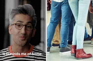 Tan France in striped shirt and glasses speaks in a video with the text "It reminds me of home." Next to him are close-up views of six people's legs in various jeans and shoes