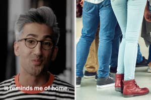 Tan France in striped shirt and glasses speaks in a video with the text "It reminds me of home." Next to him are close-up views of six people's legs in various jeans and shoes