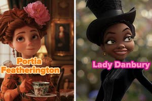 Portia Featherington and Lady Danbury are dressed in elegant, vintage clothes. Portia holds a teacup, and Lady Danbury wears a stylish hat