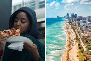 On the left, Ayo Edebiri eating a slice of pizza outside, and on the right, the Florida coast on a sunny day