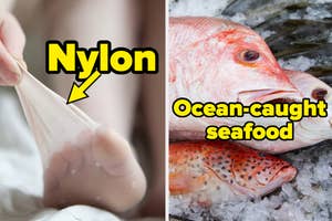 A nylon stocking being stretched over a foot is shown on the left. On the right, assorted ocean-caught seafood is displayed on ice