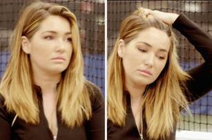 Two side-by-side images of the same woman looking thoughtful. In the right image, she is touching her hair. She wears a long-sleeve zip-up top