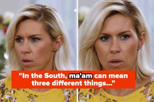 A woman with blonde hair in a yellow floral dress is shown in two identical pictures side by side with a caption: "In the South, ma'am can mean three different things..."