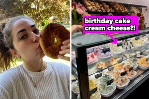 Woman kisses a bagel outside. A bakery's refrigerated display shows various cream cheeses, including one labeled "birthday cake cream cheese."