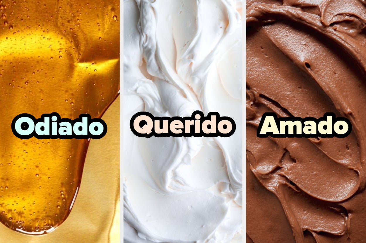 De izquierda a derecha, las palabras "Odiado", "Querido" y "Amado" están superpuestas sobre imágenes de texturas de miel, crema batida y chocolate