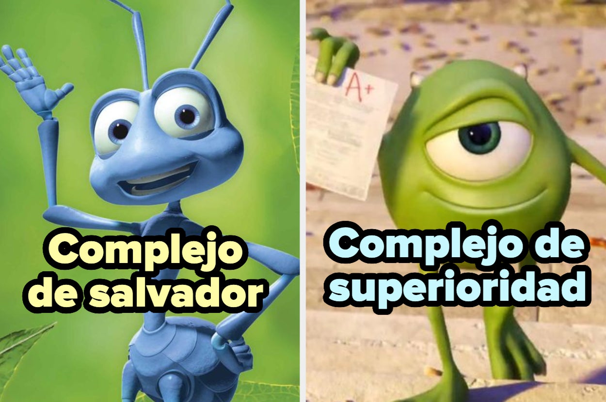 A la izquierda: Flik de "Bichos" con texto "Complejo de salvador". A la derecha: Mike Wazowski de "Monsters, Inc." con texto "Complejo de superioridad"