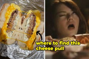 A split image: On the left, a sandwich with a cheese pull. On the right, a person enjoying a cheesy bite, caption reads "where to find this cheese pull."