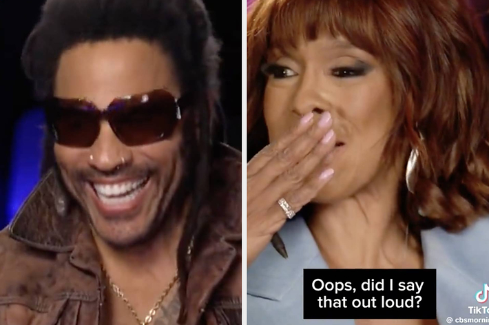 Lenny Kravitz laughs while wearing sunglasses and a brown jacket. Gayle King covers her mouth with a smile. Text: "Oops, did I say that out loud?"