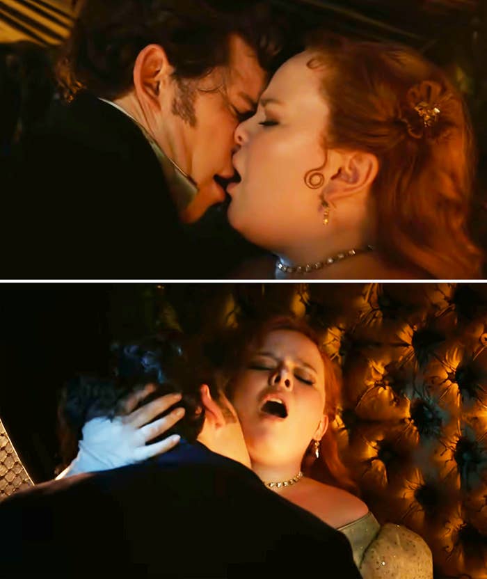 Nicola Coughlan and Luke Newton in an intimate scene from "Bridgerton"