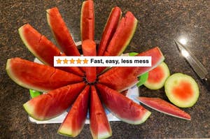 Sliced watermelon arranged in a fan shape with a review text overlaying it: "★★★★★ Fast, easy, less mess." Scissors and round watermelon slices nearby