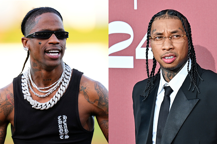 Travis Scott in a sleeveless top and large chain necklaces. Tyga in a suit and tie with long braided hair at an event