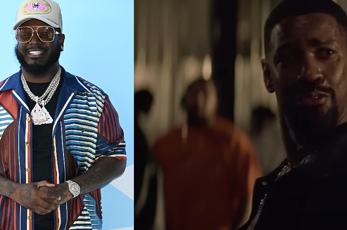 T-Pain in a patterned shirt and cap with layered chains on the left. Denzel in a dark shirt looking puzzled on the right