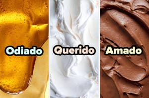 De izquierda a derecha, las palabras "Odiado", "Querido" y "Amado" están superpuestas sobre imágenes de texturas de miel, crema batida y chocolate