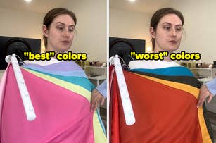 Two images of Hannah Brown wrapped in different colored fabrics, labeled "best" colors on the left with bright hues, and "worst" colors on the right with muted tones