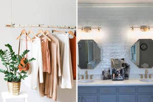 Left: A clothes rack with stylish clothing and a potted plant next to it. Right: A modern bathroom vanity with double sinks, two mirrors, and organized toiletries