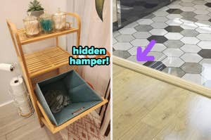 reviewer's bamboo storage shelf in bathroom with hidden hamper compartment revealed / the wood vinyl transition strip installed on threshold of floor