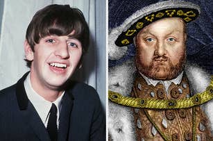 Ringo Starr, smiling in a suit, next to a historical portrait of King Henry VIII in royal attire