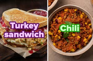 Left: A turkey sandwich with stuffing and cranberry sauce. Right: A bowl of chili with beans, corn, and basil. Text: "Turkey sandwich" and "Chili."