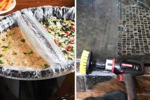 Slow cooker with prepared meal on the left; electric scrub brush cleaning a tiled surface on the right