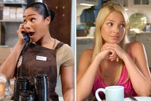 Tiffany Haddish talking on the phone and Katherine Heigl sitting at a table and looking off to the side in a side-by-side image