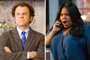 John C. Reilly in a suit and tie and Amber Riley talking on the phone in a blue blouse in a side-by-side image