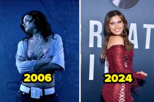 Comparison of singer Nelly Furtado from 2006 music video wearing a casual outfit and in 2024 attending an event in a stylish dress