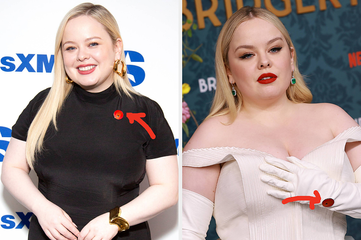 Nicola Coughlan in two photos: one in a black high-neck top with gold jewelry smiling at an event; another in a white strapless dress with gloves at a premiere