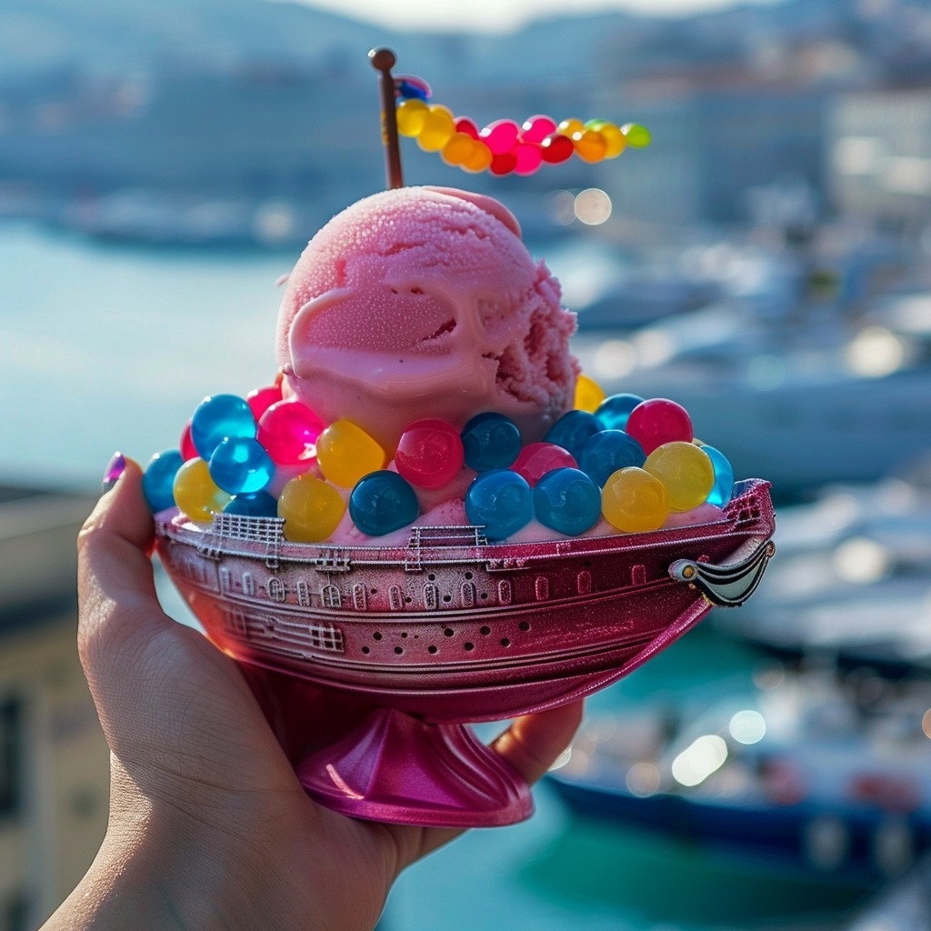 Hand holds a creative dessert: a scoop of pink ice cream in a ship-shaped bowl, embellished with colorful jelly balls, with a marina in the background