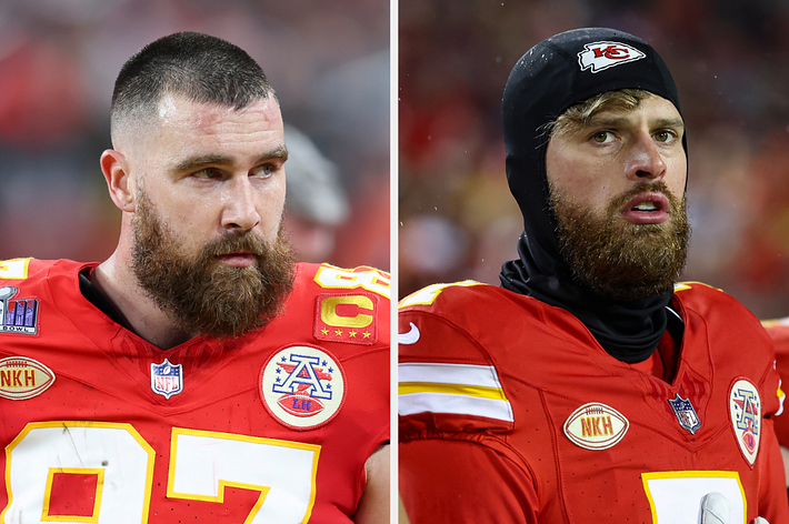 Travis Kelce in two side-by-side images in a football jersey, on the left without a helmet, on the right wearing a helmet liner