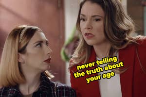 Molly Kate Bernard and Sutton Foster talking to each while wearing blazers in a scene from "Younger", text: never telling the truth about your age