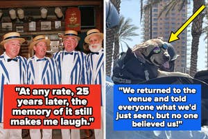 Left panel: Group of four older men wearing matching striped outfits and boater hats. Caption: "At any rate, 25 years later, the memory of it still makes me laugh."

Right panel: Dog wearing sunglasses with two people partially visible. Caption: "We retur